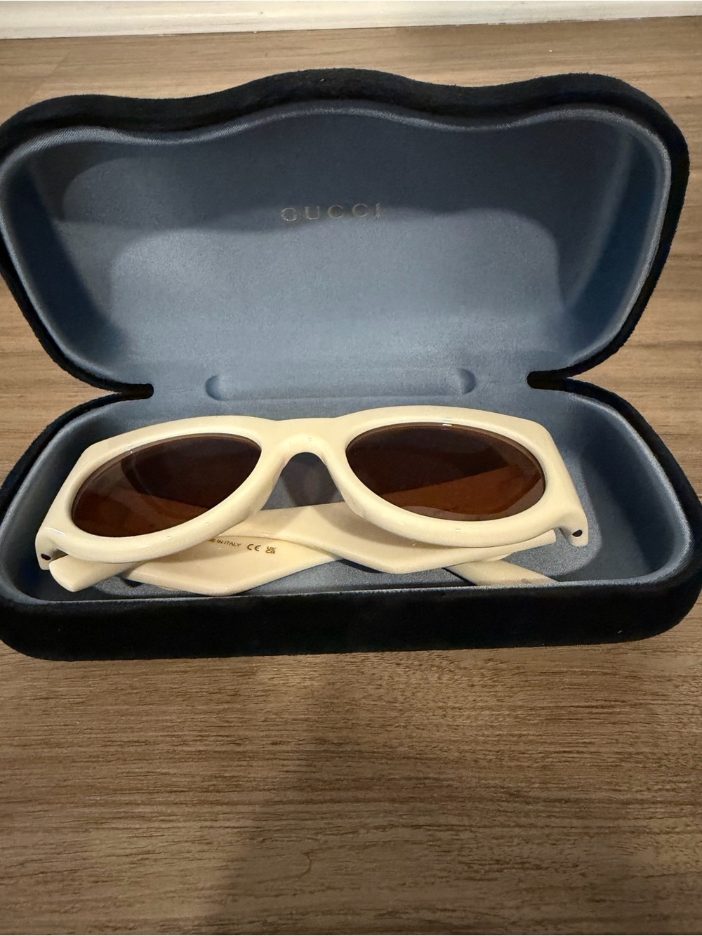 Gucci Cream Oval Sunglasses with Brown Lenses